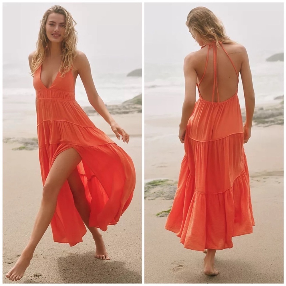 Anthropologie Orange Tiered Halter Midi Dress